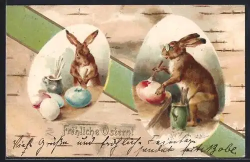 Lithographie Osterhasen bemalen Ostereier, Fröhliche Ostern