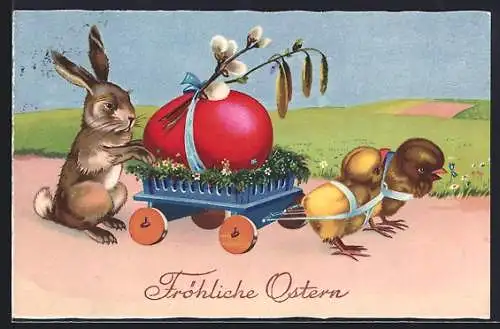 Künstler-AK Osterhase mit einem Osterei, das auf einer Kutsche von zwei Küken gezogen wird, Fröhliche Ostern