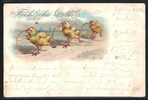 Lithographie Osterküken mit Reifen, Fröhliche Ostern