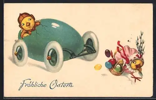 Künstler-AK Osterküken fährt in einem Auto und erschreckt ein anderes Osterküken, Fröhliche Ostern