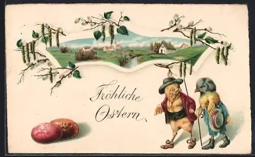 Künstler-AK Zwei Osterküken in eleganter Kleidung mit Flusslandschaft