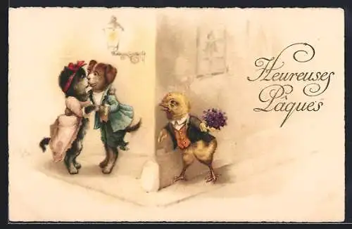 Künstler-AK Osterküken mit Blumenstrauss sieht wie sich ein Hund und eine Katze küssen