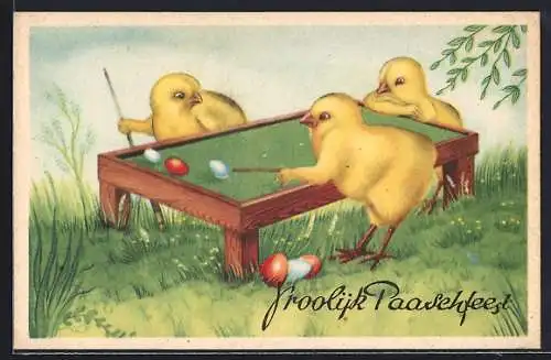 Künstler-AK Osterküken spielen Billard mit Ostereiern