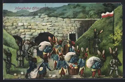 Künstler-AK Osterhasen in Soldaten-Uniformen bringen Ostereier, Hezliche Ostergrüsse
