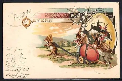 Lithographie Osterhasen bewegen ein Osterei auf einem Karren