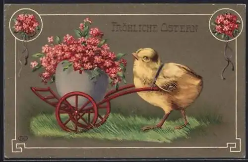 Künstler-AK Osterküken transportiert Blumen in einem Ei-Wagen, Fröhliche Ostern