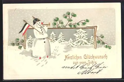 Lithographie Schneemann mit Pickelhaube und Reichsfahne, Herzlichen Glückwunsch zum neuen Jahre