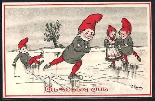 Künstler-AK Zwerge beim Eislaufen, Glaedelig Jul
