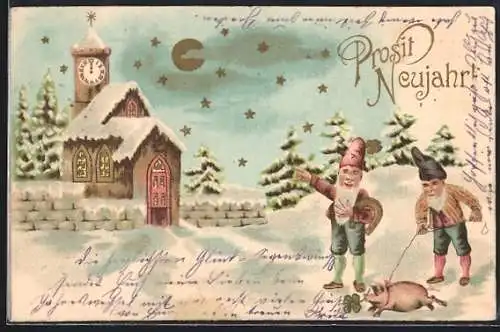 Lithographie Zwerge mit Hufeisen und Schwein gehen in die Kirche, Prosit Neujahr