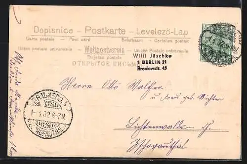 Lithographie Zwerge mit Hufeisen und Schwein gehen in die Kirche, Prosit Neujahr