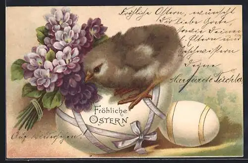 Lithographie Osterküken steht auf einem Osterei mit Veilchen