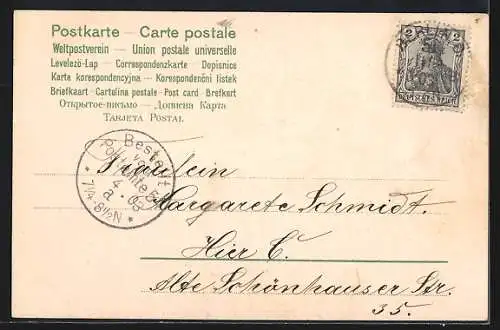 Lithographie Osterküken steht auf einem Osterei mit Veilchen