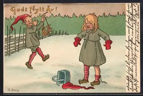 Künstler-AK Zwerg hat einen Korb fallen gelassen, einer anderer macht sich über sie lustig