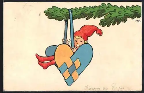 Künstler-AK Zwerg sitzt in einem Weihnachtsbaumschmuck