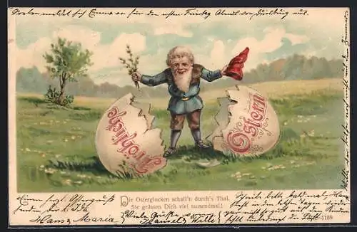 Lithographie Zwerg schlüpft aus dem Ei, Fröhliche Ostern