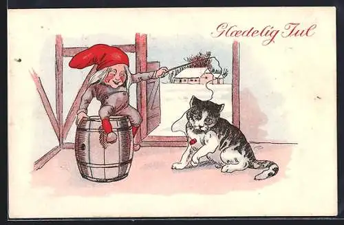 Künstler-AK Zwerg spielt mit einer Katze, Glaedelig Jul