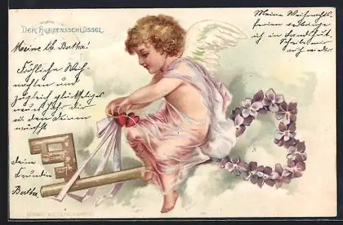 Lithographie Amor mit Schlüssel und Herzen