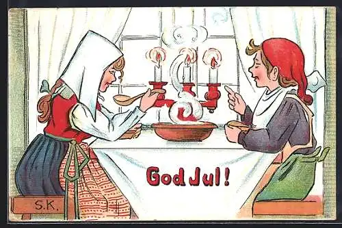 Künstler-AK Zwei Zwerge essen zusammen an einem Tisch, God Jul