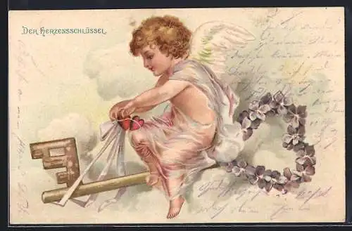 Lithographie Amor mit Schlüssel und Herzen