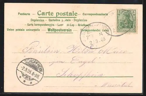 Lithographie Amor mit Schlüssel und Herzen