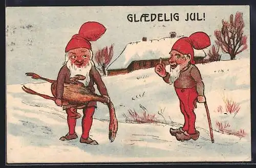 Künstler-AK Zwei Zwerge mit gerupfter Gans, Glaedelig Jul