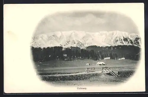 AK Gulmarg, Panorama mit Feldern und Waldpartie