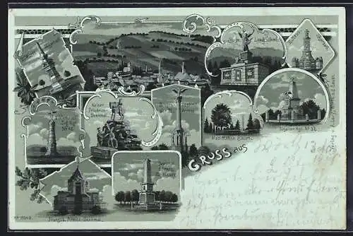 Mondschein-Lithographie Wörth, Kaiser Friedrich-Denkmal, Siegesdenkmal der III. Armee