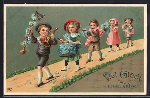 Präge-AK Mädchen und Jungen spielen Musik, Neujahrsgruss
