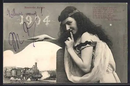 AK Jahreszahl 1904, Nouvelle Année, Mädchen und Eisenbahn