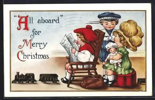 Präge-AK A Merry Christmas, Kinder mit Spielzeug-Eisenbahn
