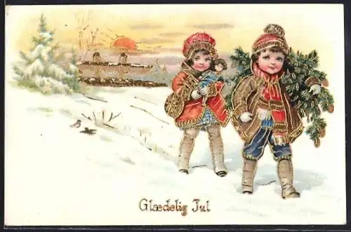 AK Glaedelig Jul, Kinder mit Geschenken im Schnee