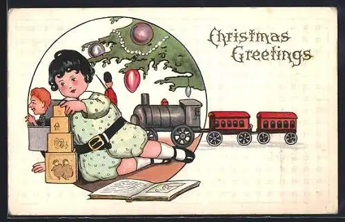 AK Christmas Greetings, Kind mit Geschenken unter dem Weihnachtsbaum
