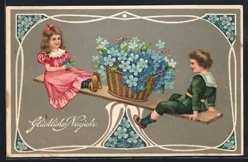 Präge-AK Glückliches Neujahr, Kinder und Vergissmeinnicht auf einer Wippe