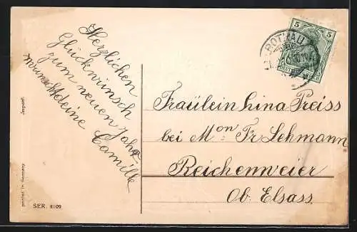 Präge-AK Glückliches Neujahr, Kinder und Vergissmeinnicht auf einer Wippe