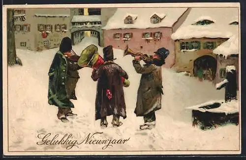 Präge-AK Neujahrsgruss, Musiker mit Trompete und Violine im Schnee