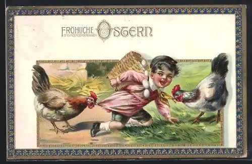AK Hühner ärgern ein Kind, Fröhliche Ostern