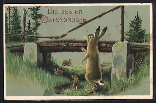 Präge-AK Fröhliche Ostern, Osterhasen unter einer Brücke