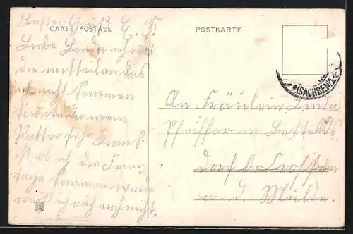 Präge-AK Fröhliche Ostern, Osterhasen unter einer Brücke