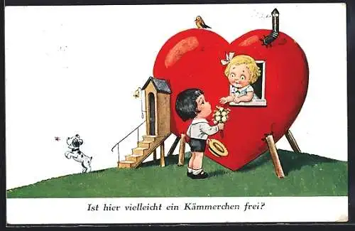 AK Junge zieht in das herzförmige Haus eines Mädchens