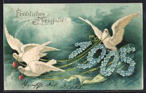 Präge-AK Tauben mit Herzen und Jahreszahl 1905 aus Vergissmeinnicht