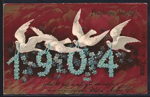 Präge-AK Weisse Tauben mit der Jahreszahl 1904