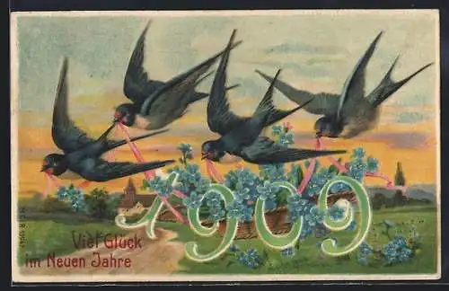 Präge-AK Jahreszahl 1909 mit Schwalben und Vergissmeinnicht, Neujahrsgruss