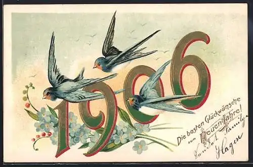 Präge-AK Schwalben umschwirren die Jahreszahl 1906, Glückwünsche zum neuen Jahre