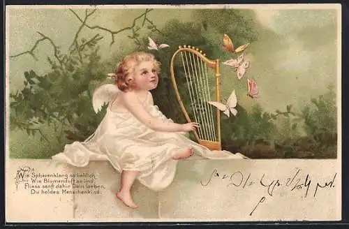 AK Engel mit Harfe und Schmetterlingen auf Mauer