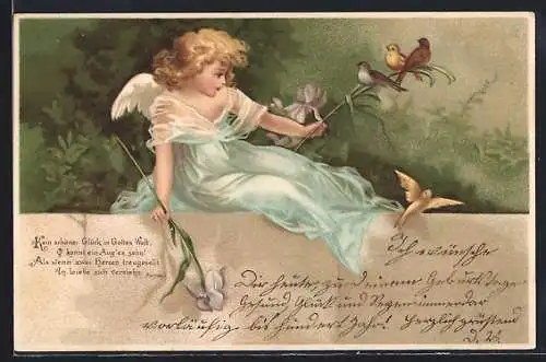 Künstler-AK Engel im Kleid mit Vögeln und Lilien