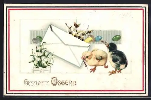 AK Osterküken mit Brief und Ostereiern