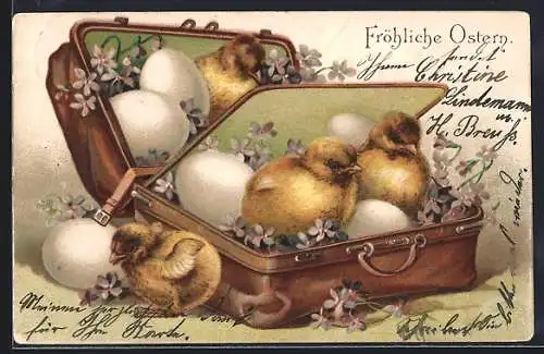 Präge-AK Osterküken und Eier in einer Reisetasche