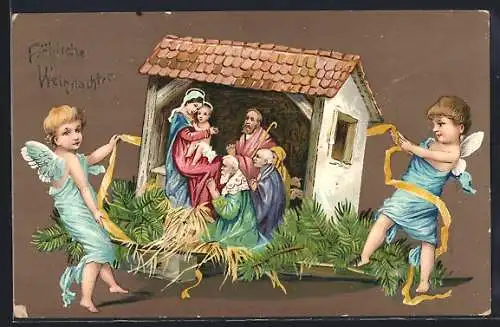 AK Weihnachtsengel tragen eine Krippe mit Figuren