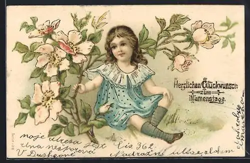 Präge-AK Namenstag, Kleines Mädchen mit blühender Wildrose