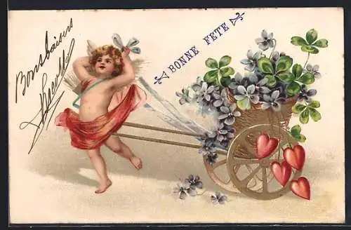 Präge-AK Amor zieht einen Wagen mit Kleeblättern und Herzen